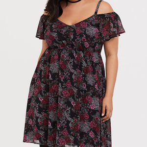 Torrid Black Floral Cold Shoulder Chiffon Dress